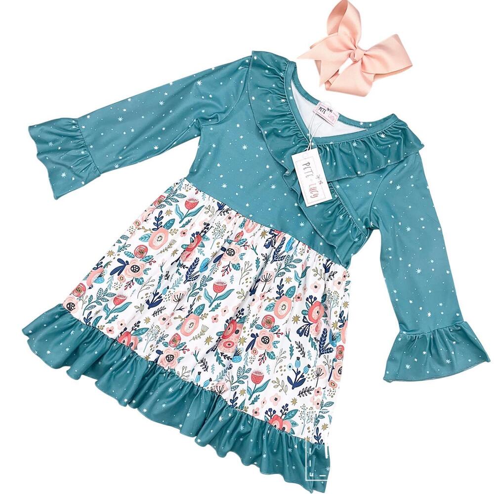 NEW PETE + LUCY girls teagan dress in teal/white